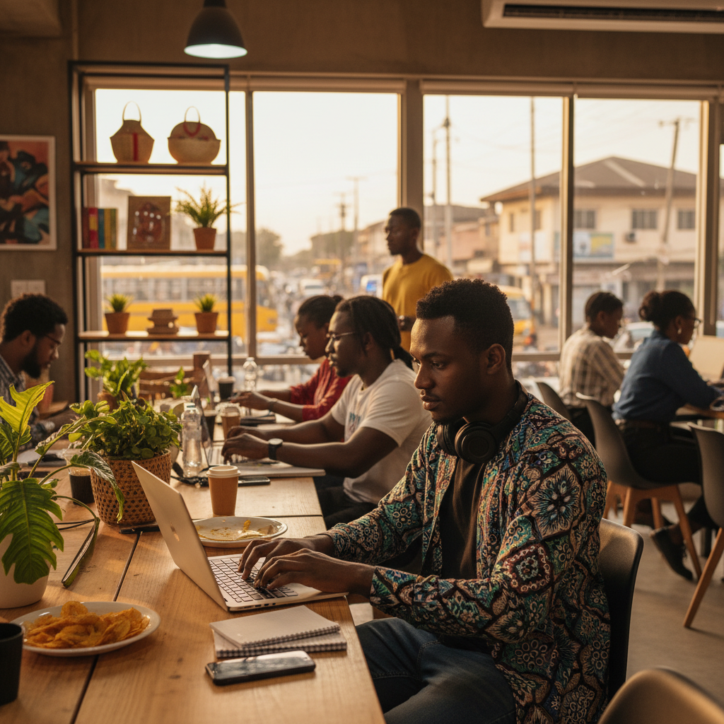 A young Nigerian man working on code on his laptop in a modern co-working space.