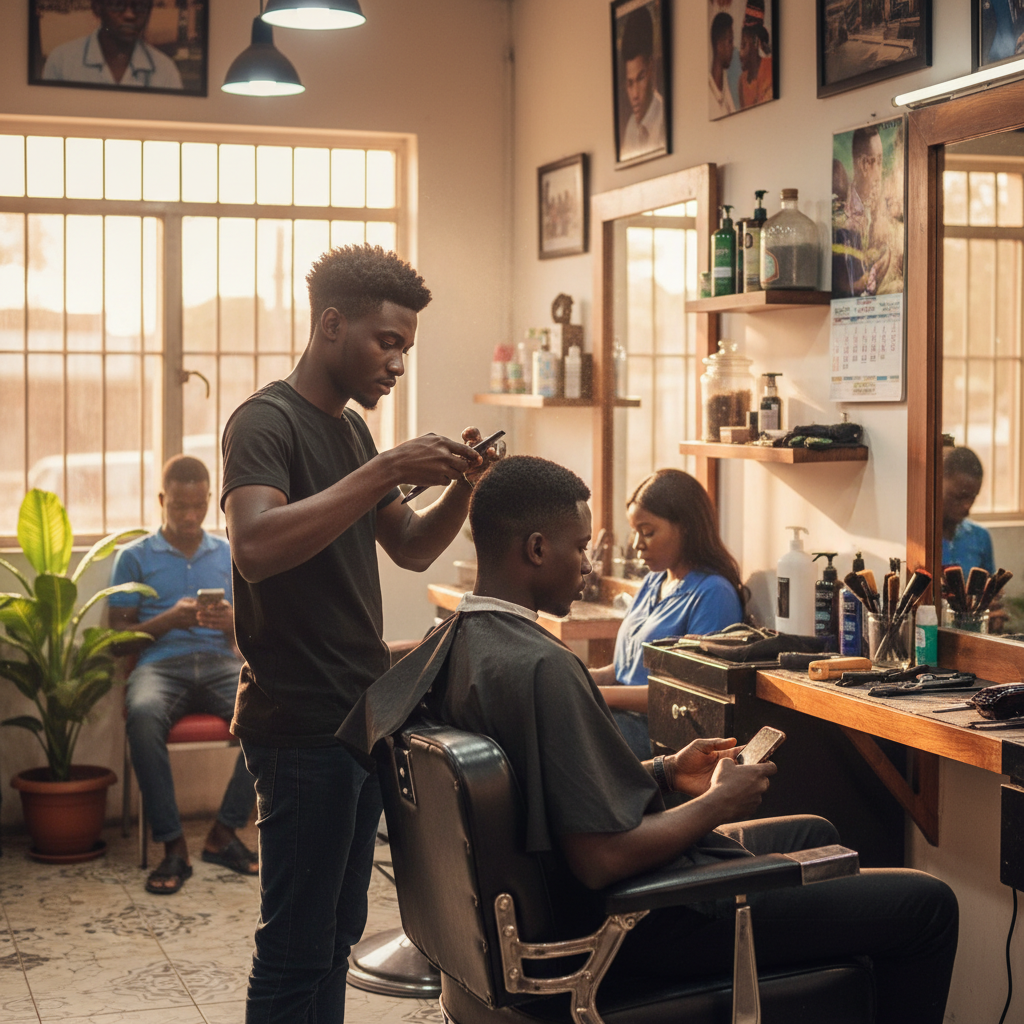 A professional barber giving a client a clean haircut in a modern barbershop.