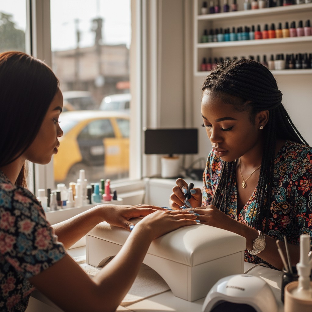 A nail technician carefully painting a client's nails with gel polish.