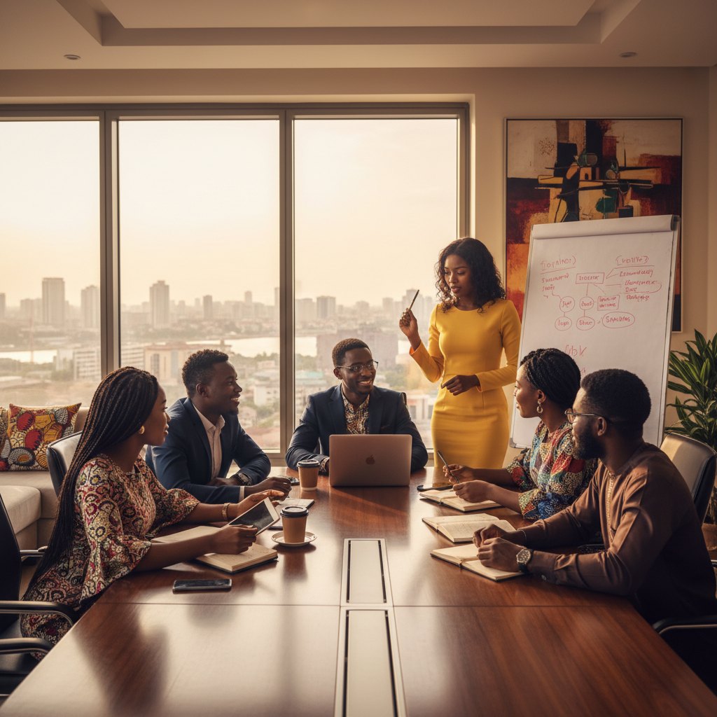 A group of young Nigerian professionals in a meeting, representing a mutual fund's diverse portfolio.