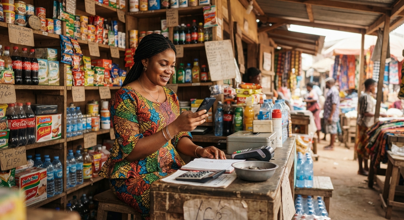 Nigerian shop owner checking their phone behind the counter