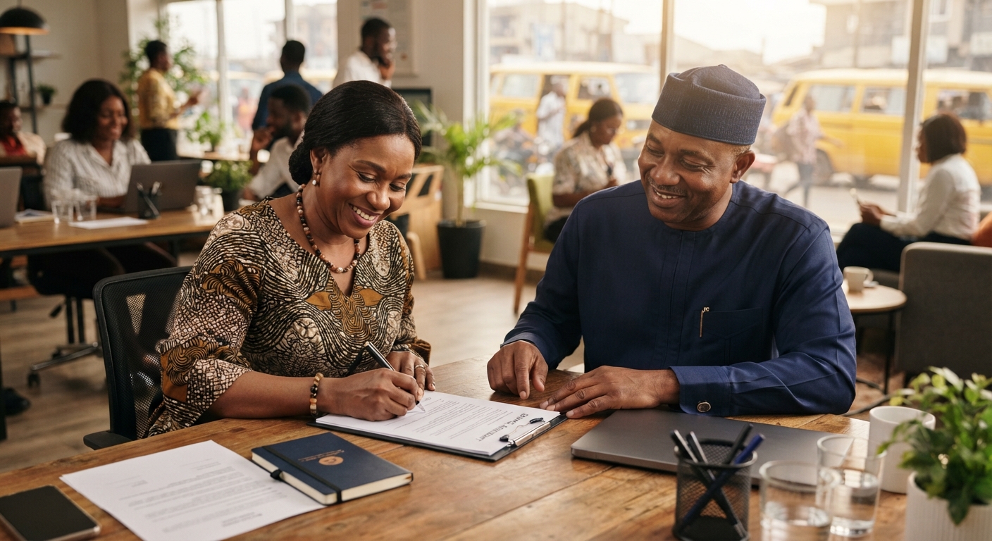Professional service provider and client signing a contract
