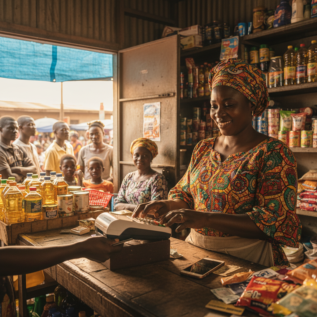 A Nigerian entrepreneur using a POS machine, possibly funded by a small business loan.