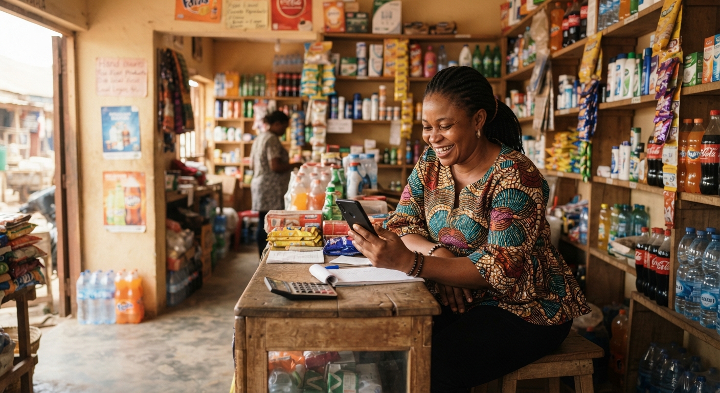 Nigerian shop owner checking their phone behind a counter