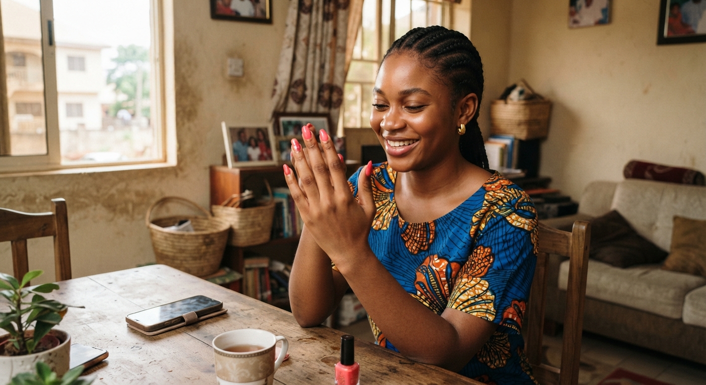 Young Nigerian woman admiring perfectly manicured nails at home in Ibadan