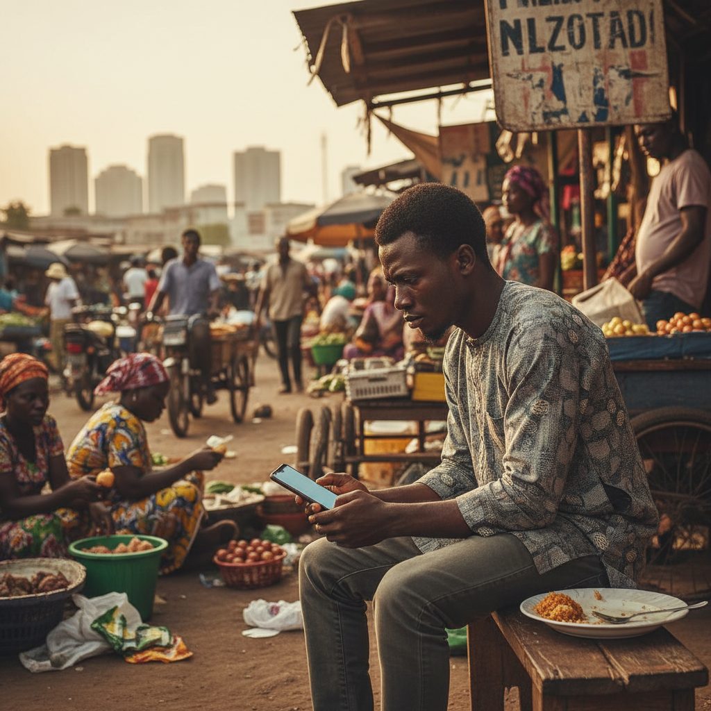 A worried Nigerian man looking at a loan app notification on his smartphone.