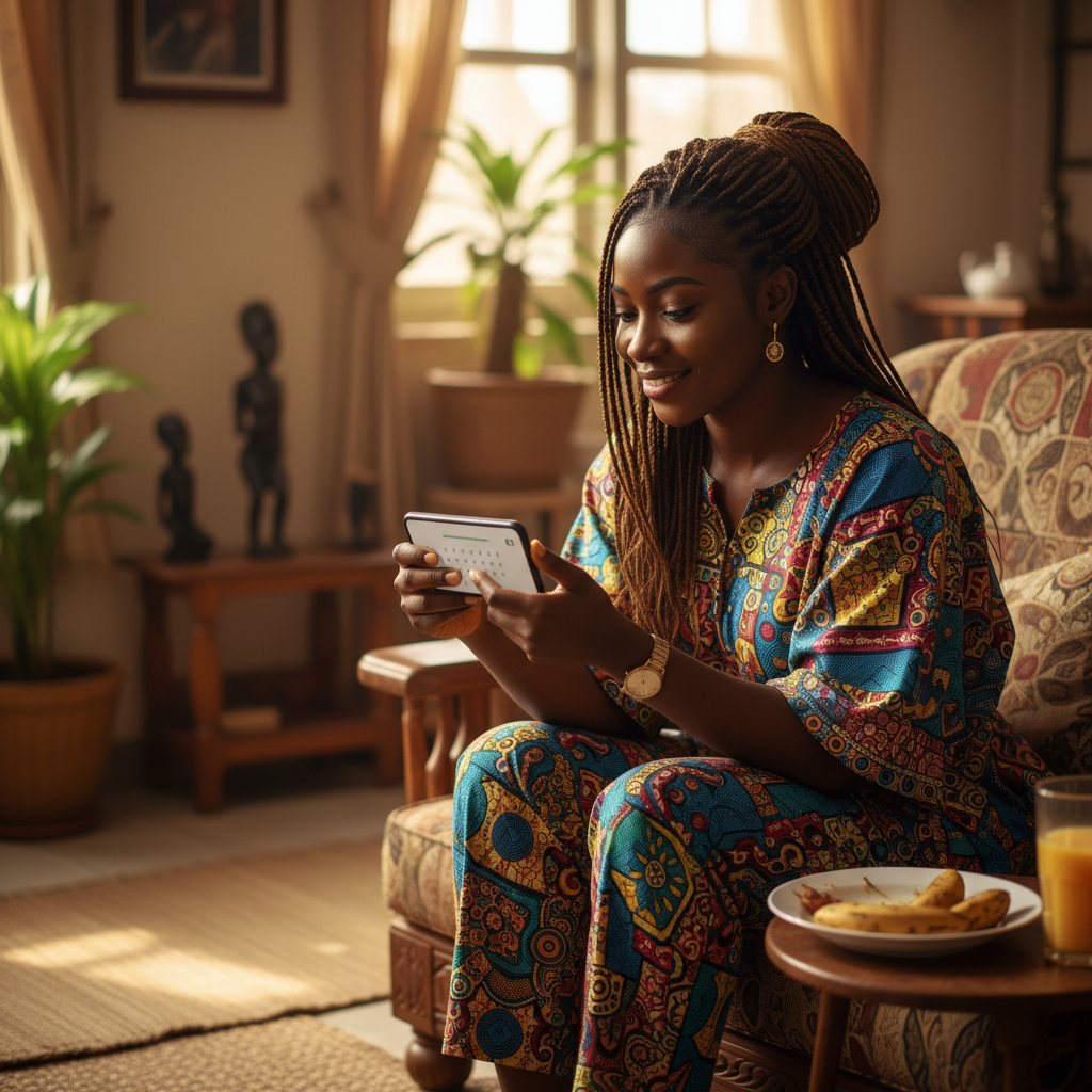 A woman smiling as she books a nail appointment on her phone using the TrustAm app in her living room.
