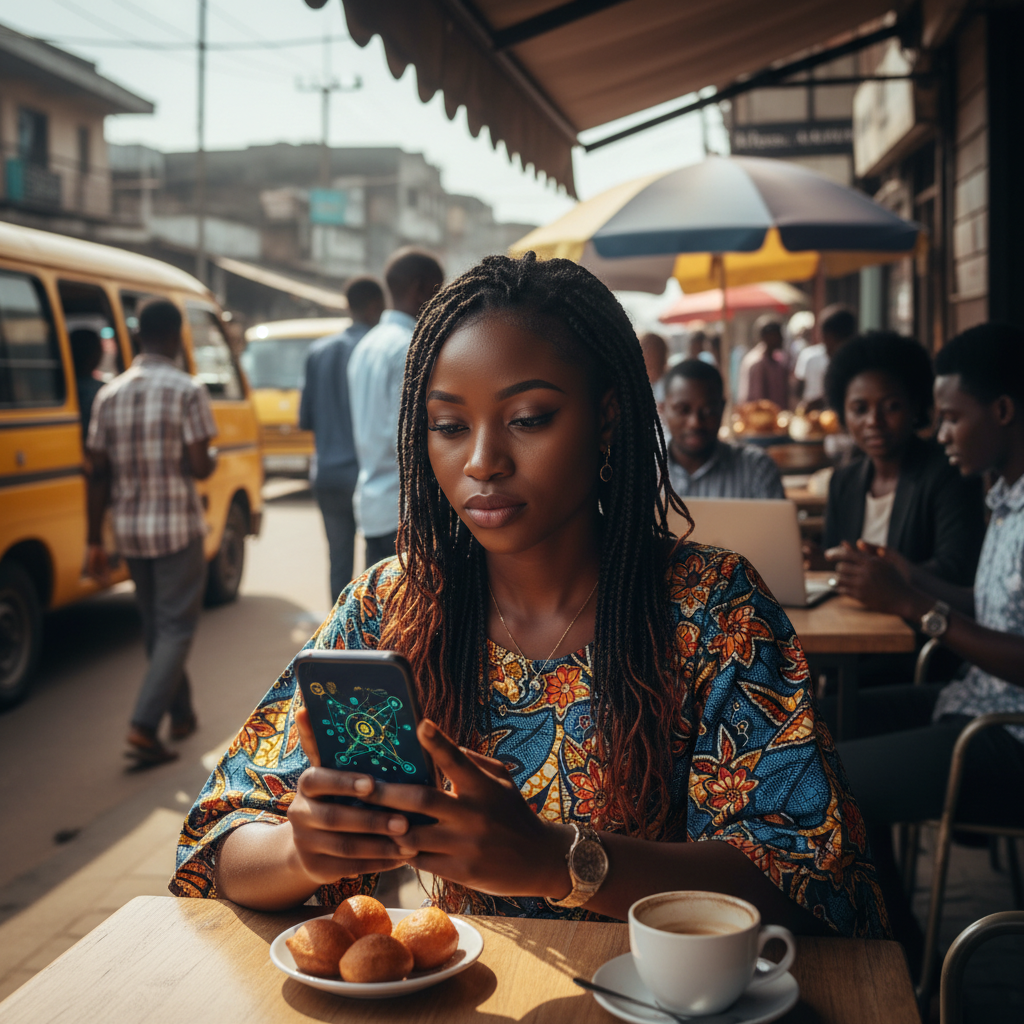 A smiling Nigerian woman booking a nail appointment on the TrustAm app on her smartphone.
