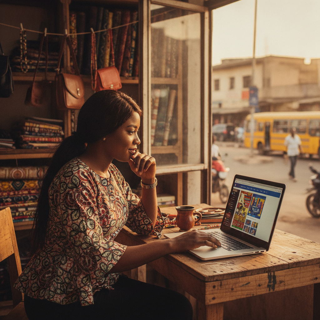 A Nigerian entrepreneur smiling at her new business website displayed on a laptop screen.