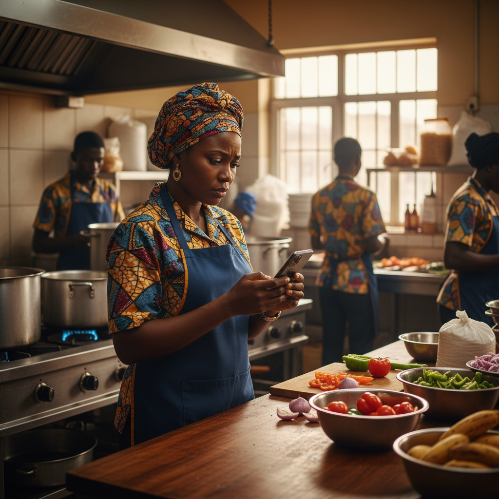 A Nigerian caterer in an apron looks worried while checking her phone in a professional kitchen.