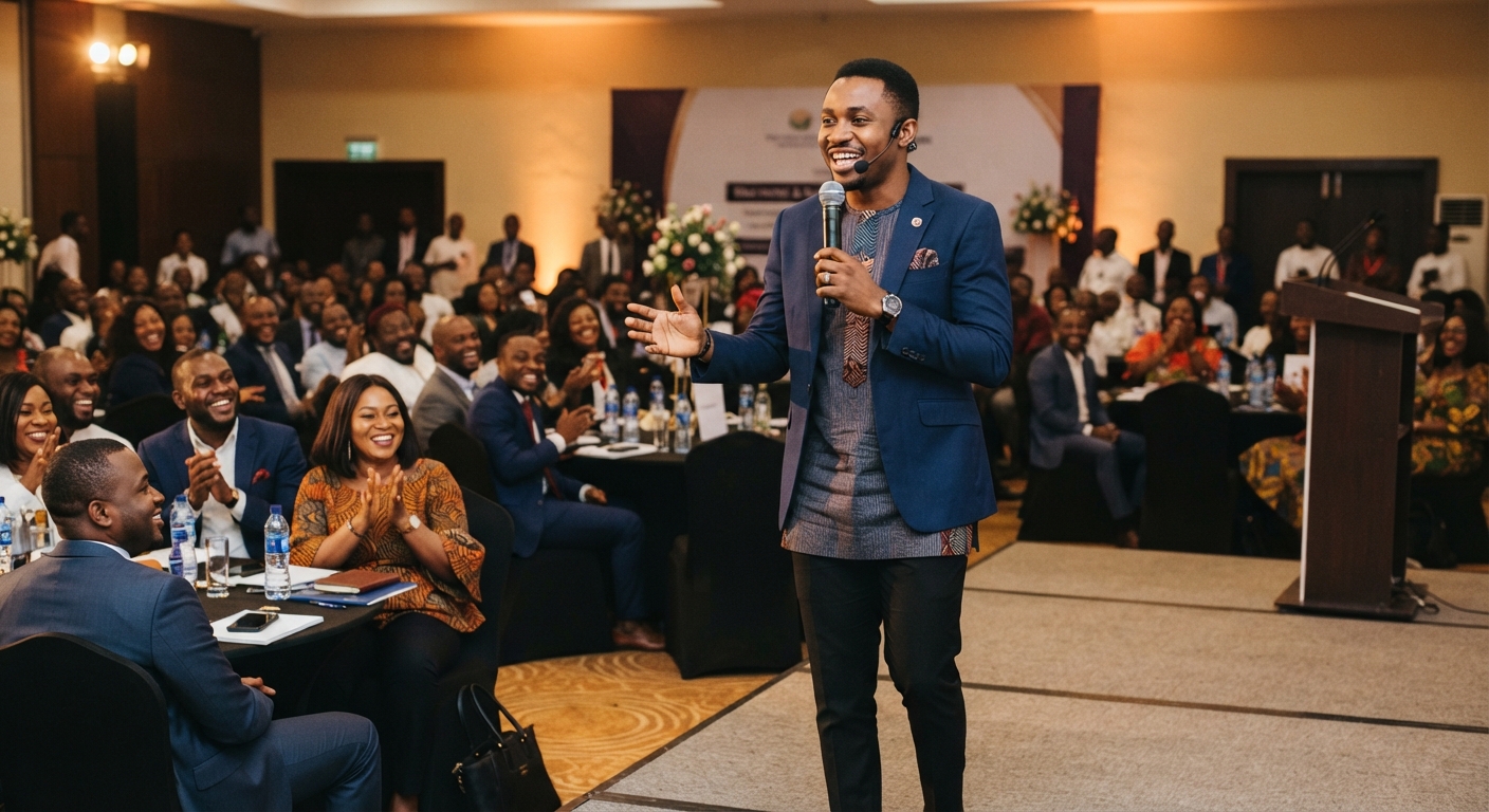 Professional MC addressing an audience at a corporate event