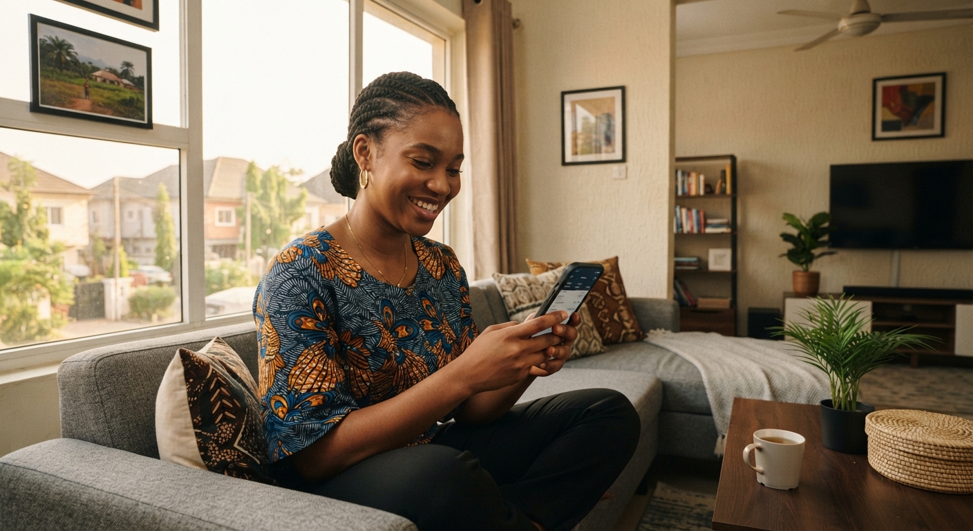 Young Nigerian woman using her phone to manage payments securely.