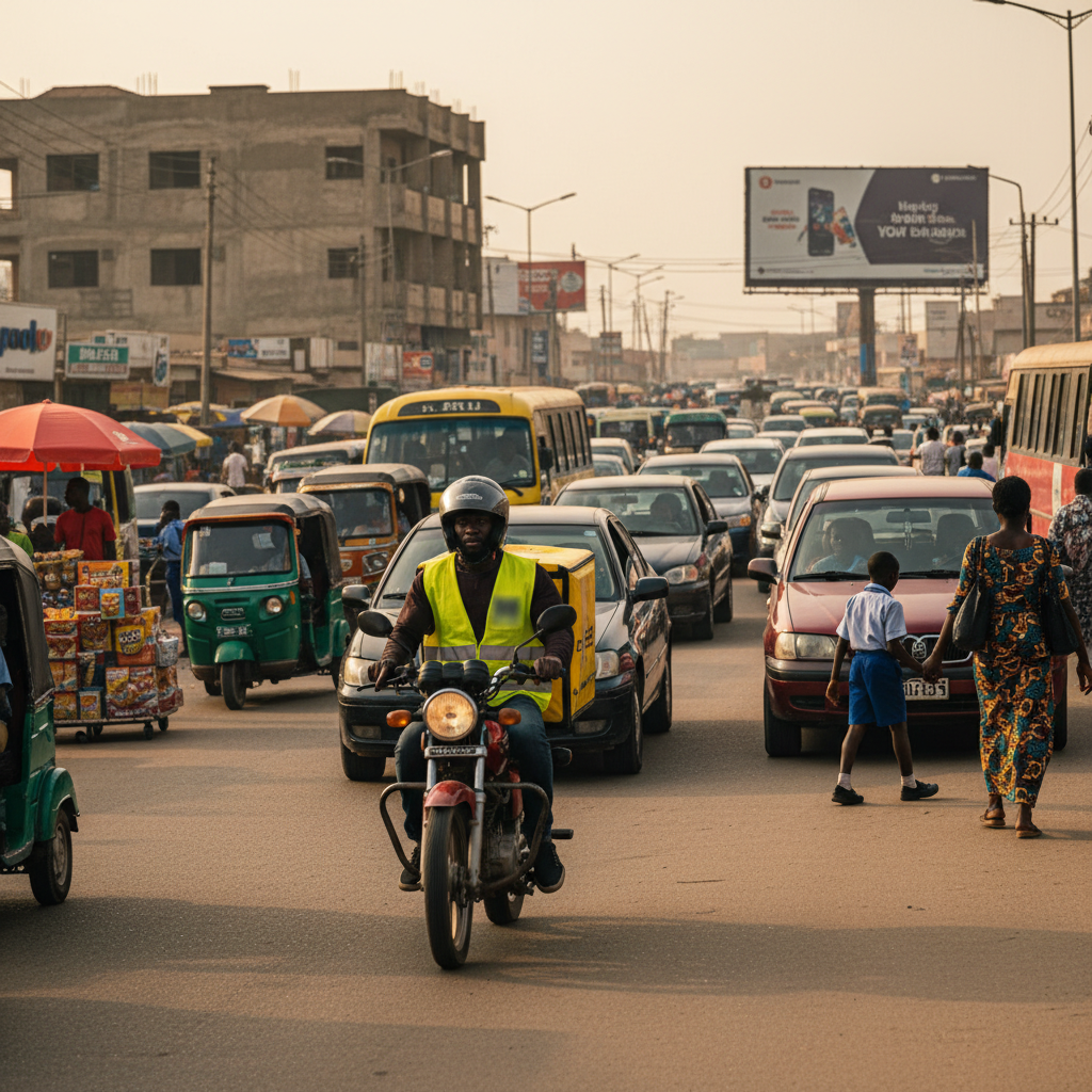 A dispatch rider on his bike in a busy Port Harcourt street.