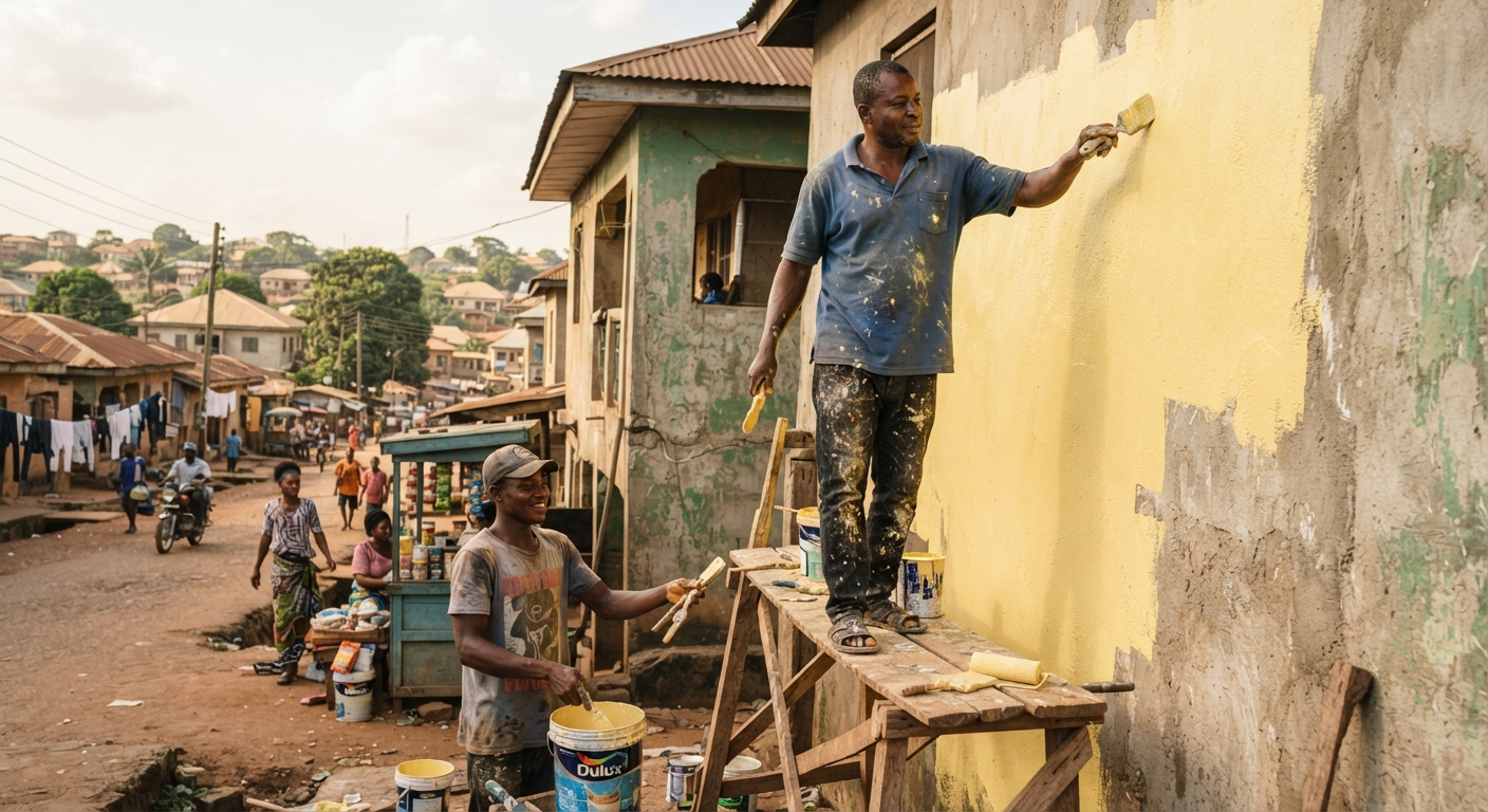 House painter applying paint to the exterior walls of a building in Enugu