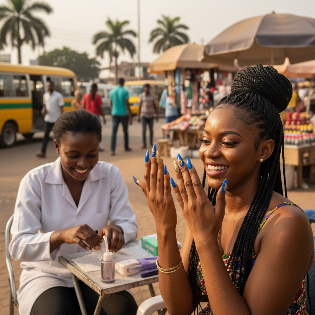 A happy young Nigerian woman admiring her new manicure done by a professional.
