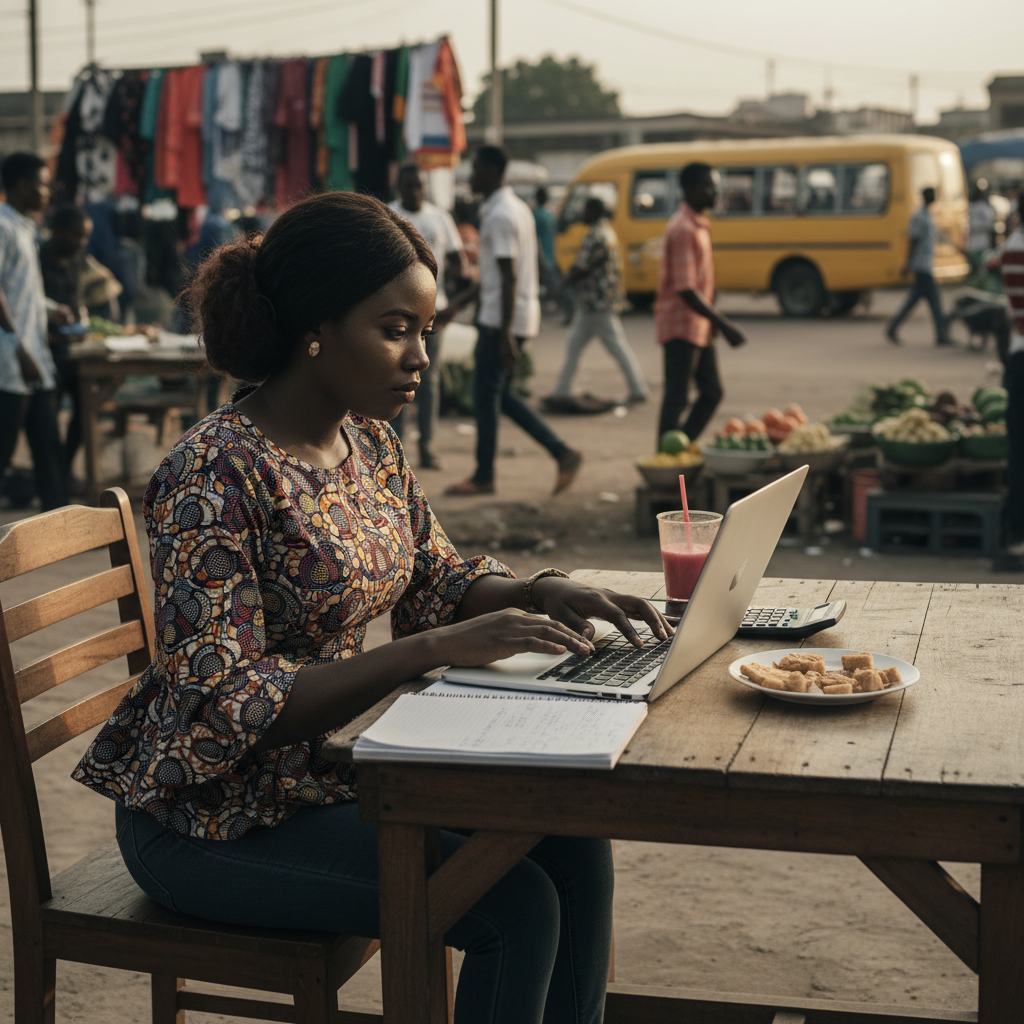 A young Nigerian fashion designer calculating costs on her laptop in her workshop.