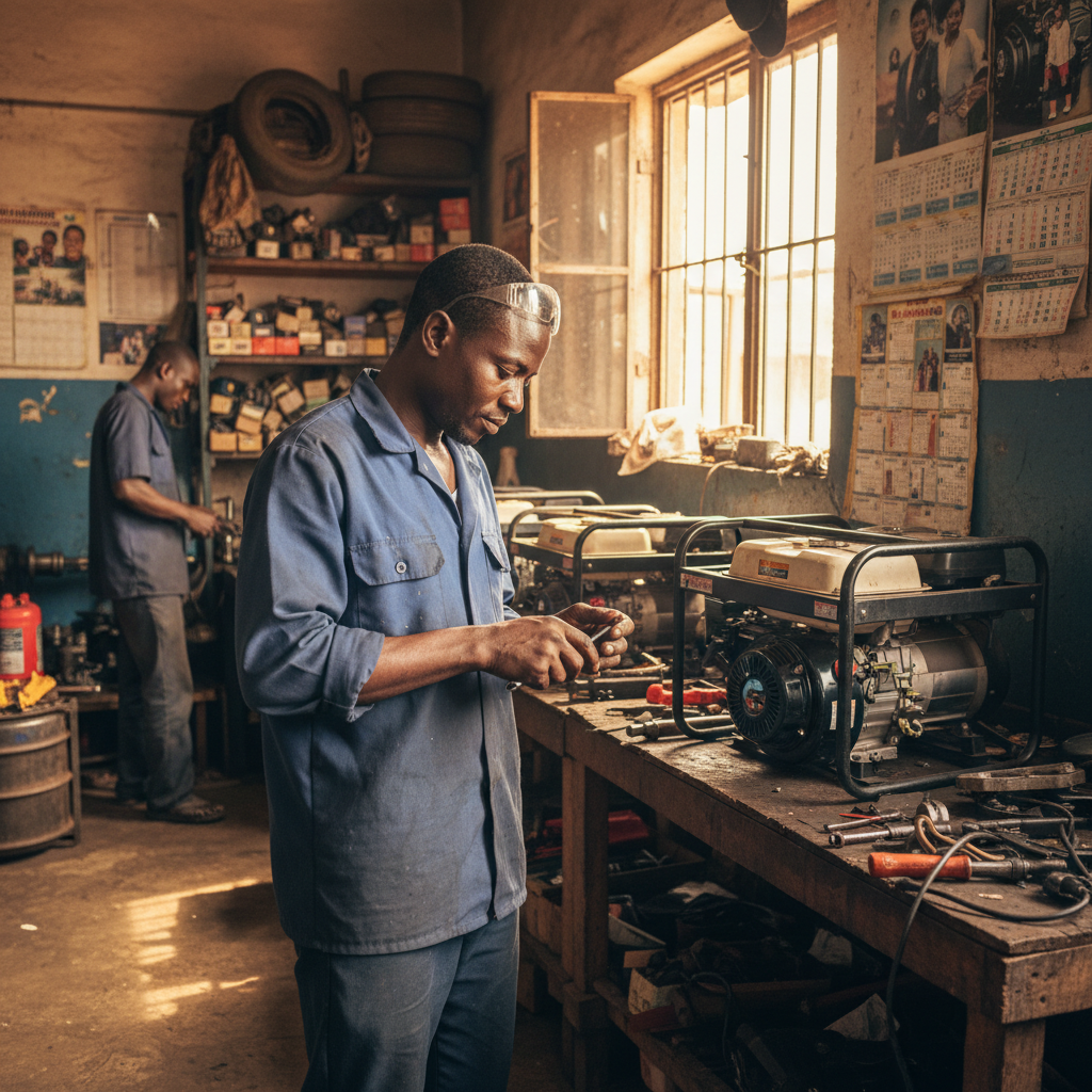 A generator repair technician in Aba carefully working on the engine of a small generator.
