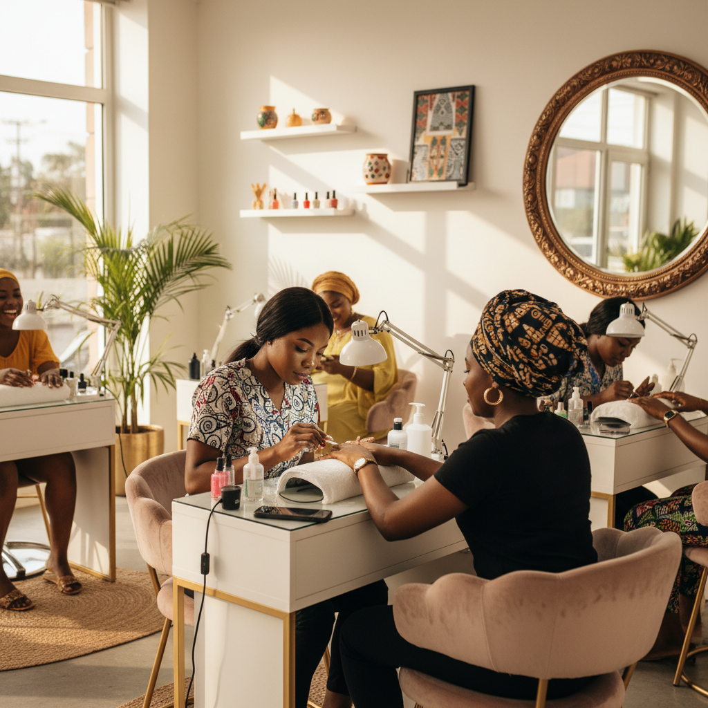 A skilled Nigerian nail technician carefully applying an acrylic nail for a client in a well-lit salon.