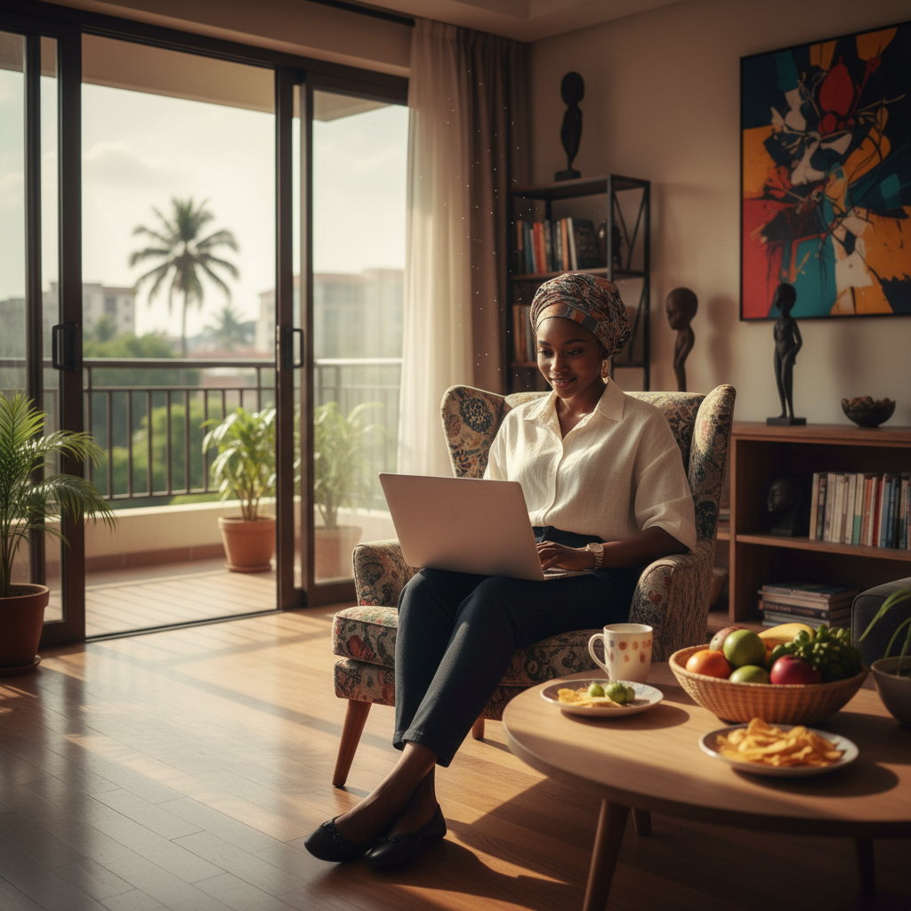 A young Nigerian professional creating a budget on their laptop in a well-lit Uyo apartment.