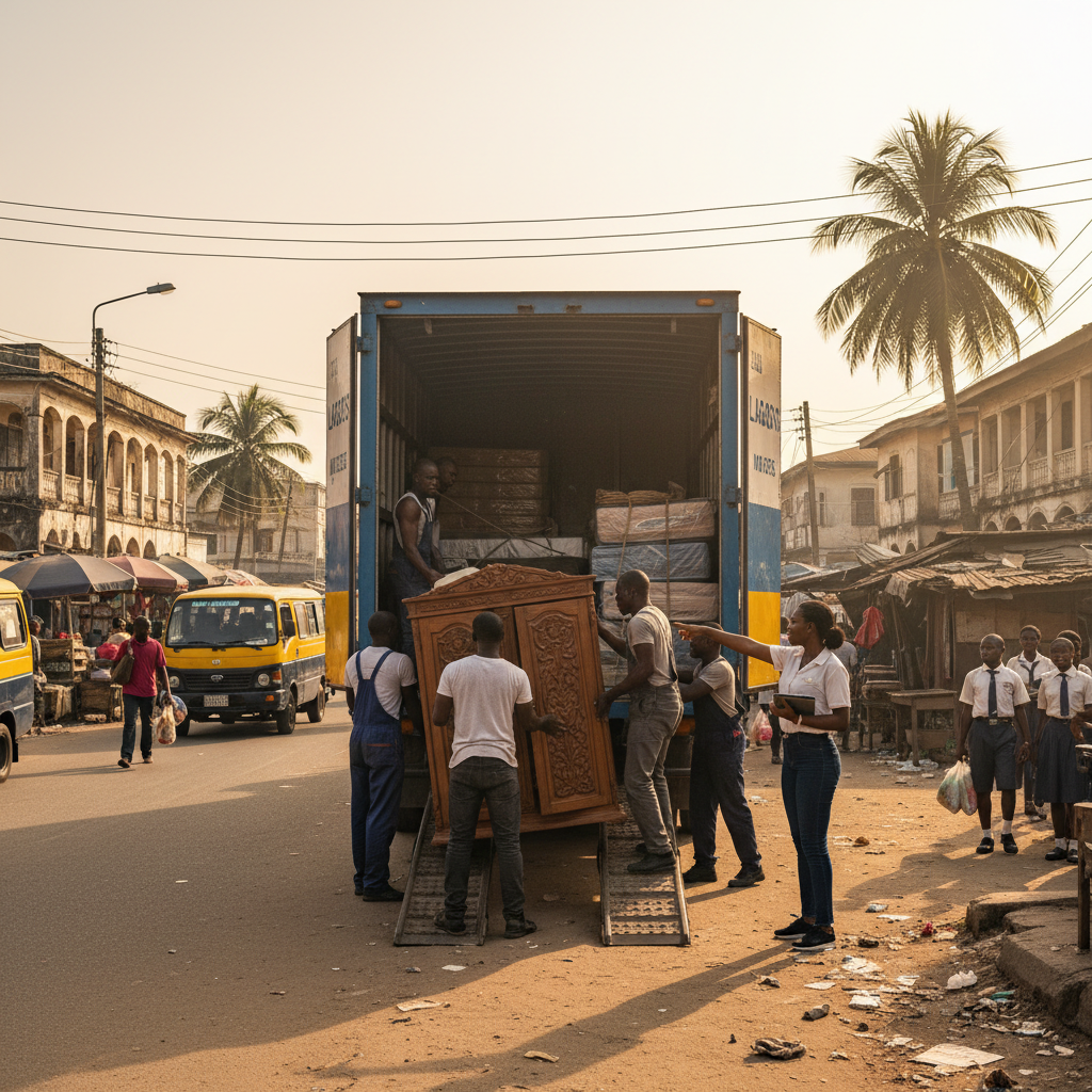 Team of Nigerian movers carefully loading a sofa onto a moving truck in a Lagos neighbourhood.
