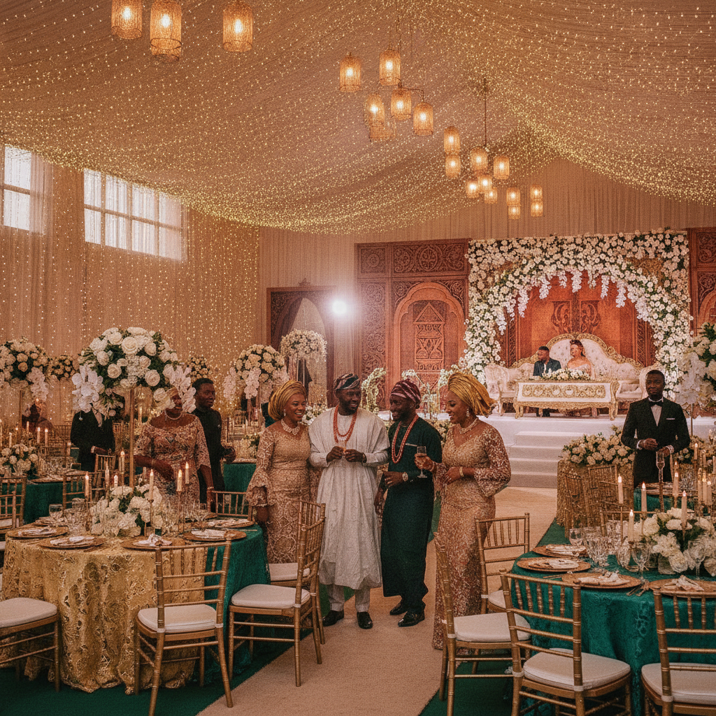 A beautifully decorated wedding hall in Benin City with floral arrangements and elegant lighting.