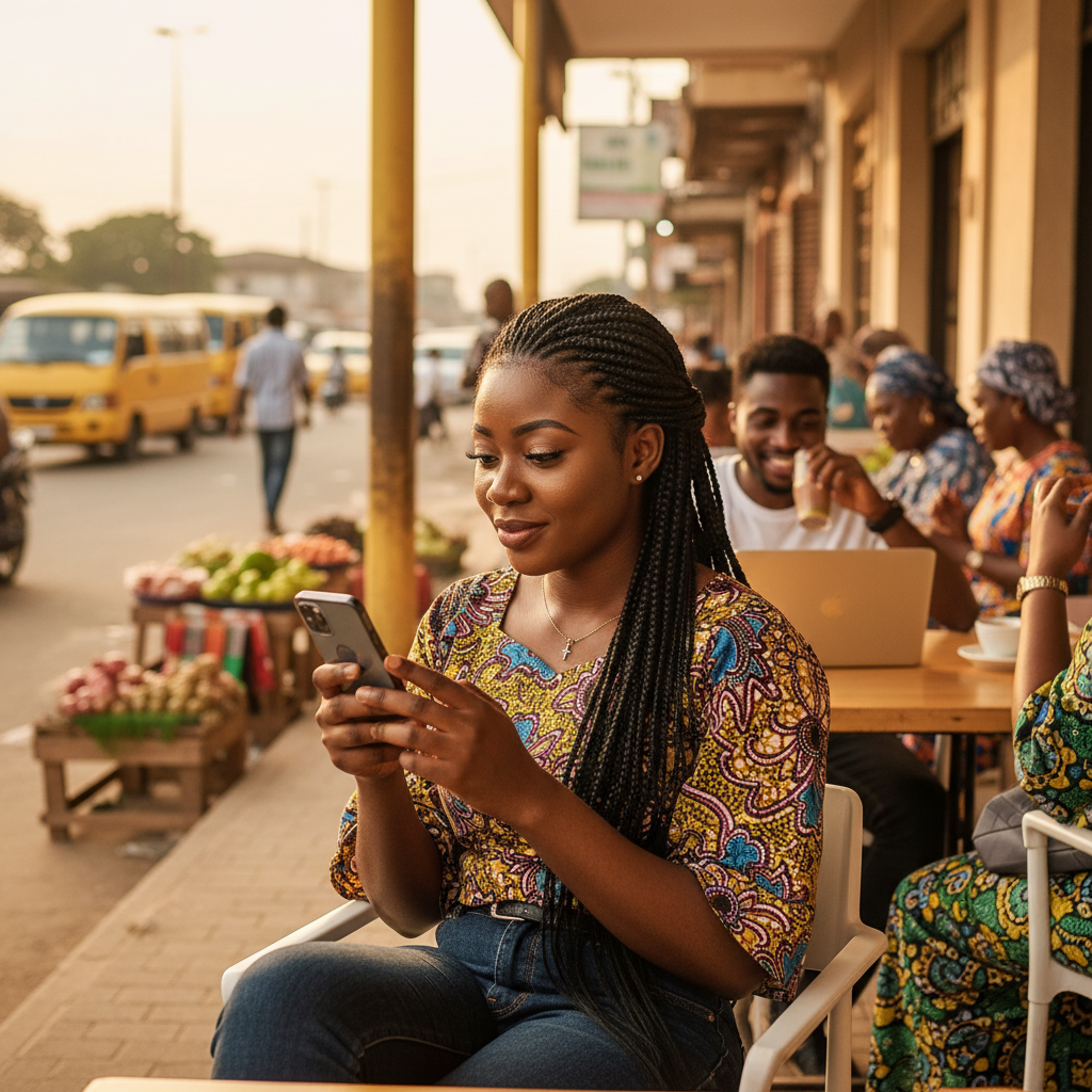 A young Nigerian woman smiling as she books a nail appointment on her smartphone using the TrustAm app.