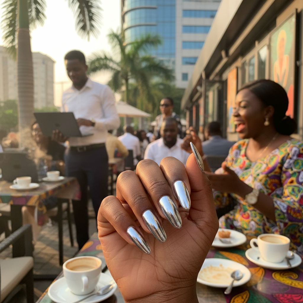 A close-up photograph showcasing a flawless chrome acrylic nail set on a Nigerian woman's hand.