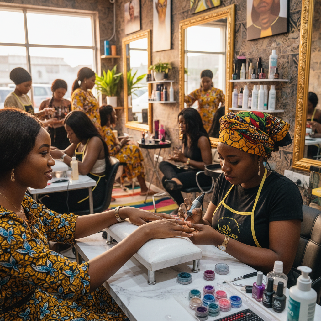 A nail technician applying acrylic to a client's nails in a clean Lagos salon.