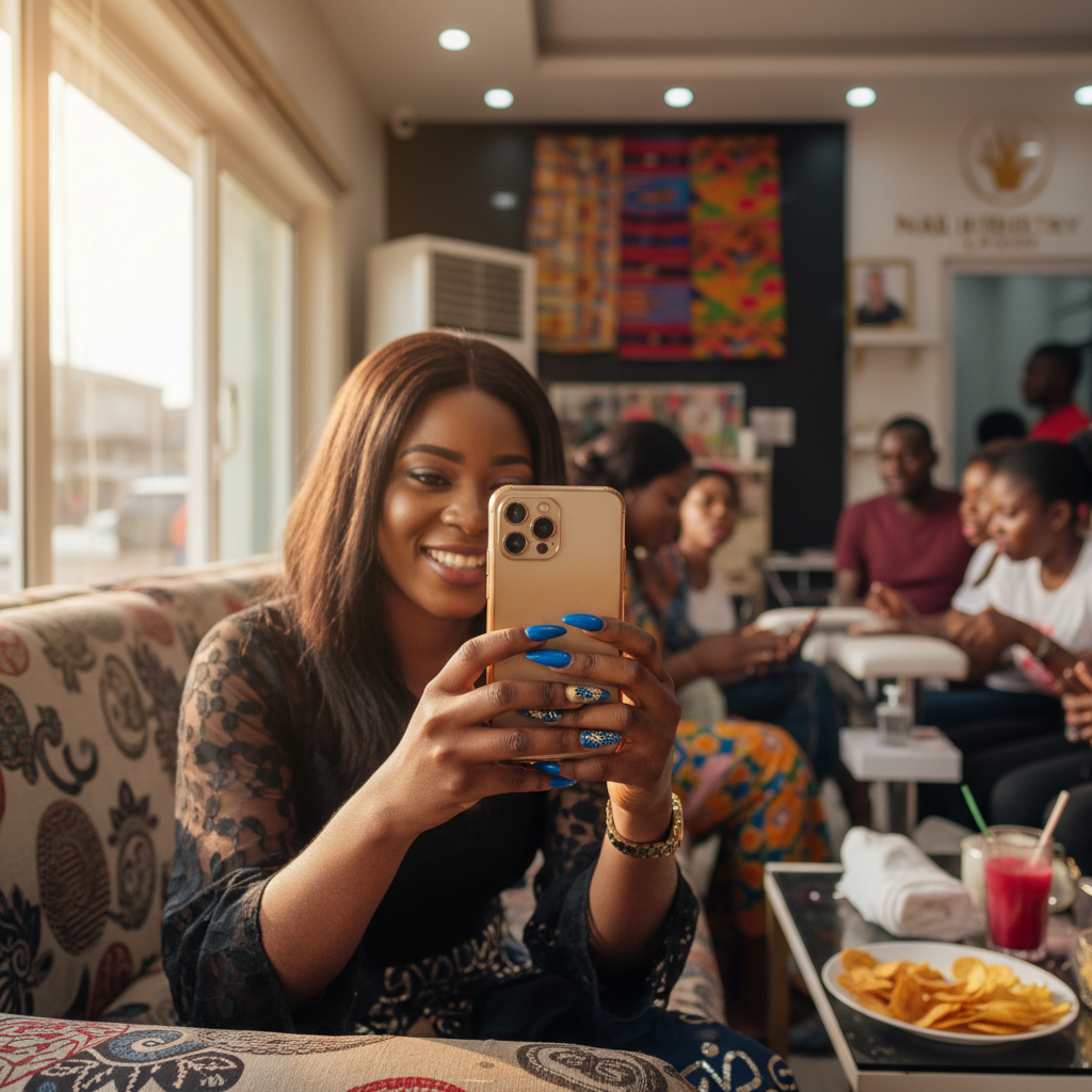 A young Nigerian woman admiring her new, professionally done acrylic nails.