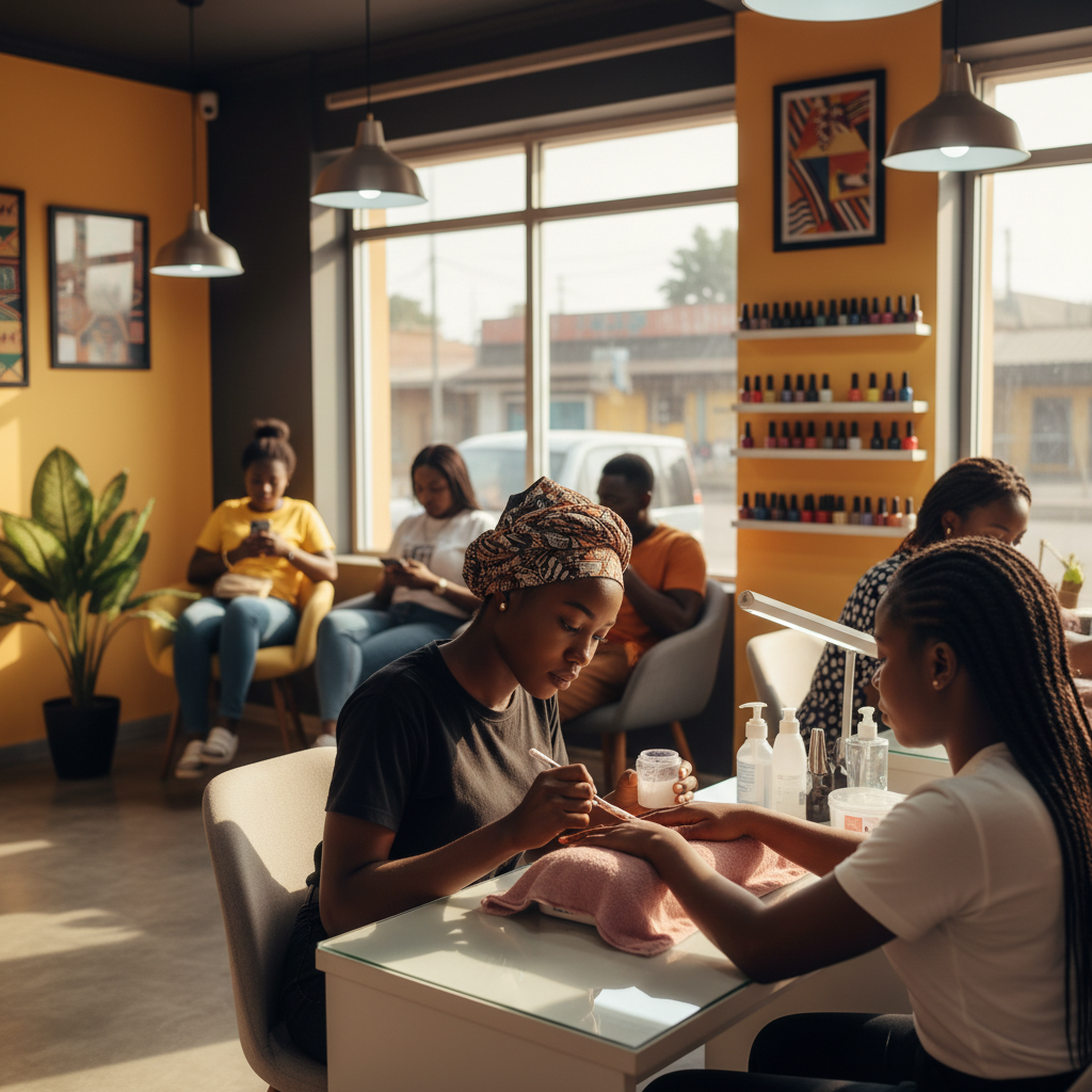 A Nigerian nail technician focused on applying an acrylic nail extension for a client.