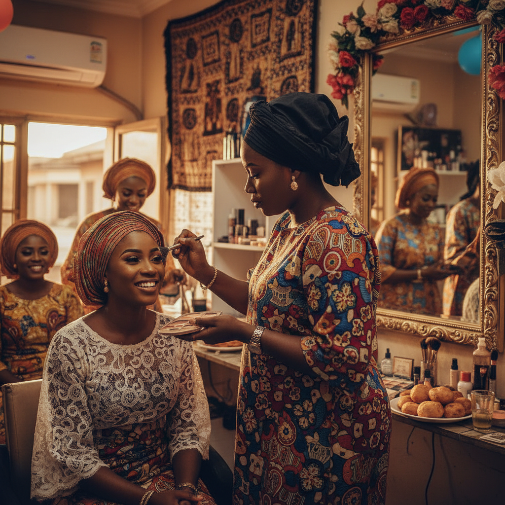 A professional Nigerian makeup artist carefully applying makeup for a client getting ready for a wedding.