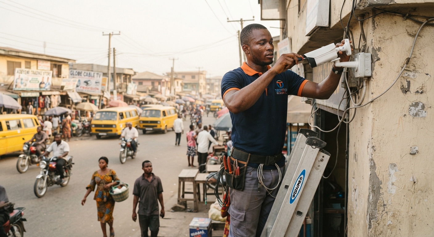 Technician installing CCTV camera