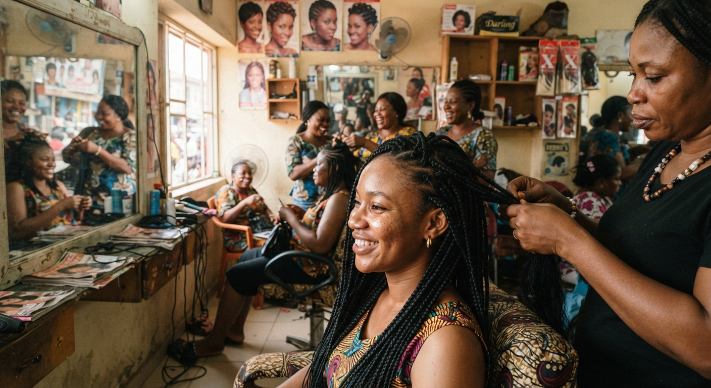 Young Nigerian woman getting box braids done by a professional braider in a salon.