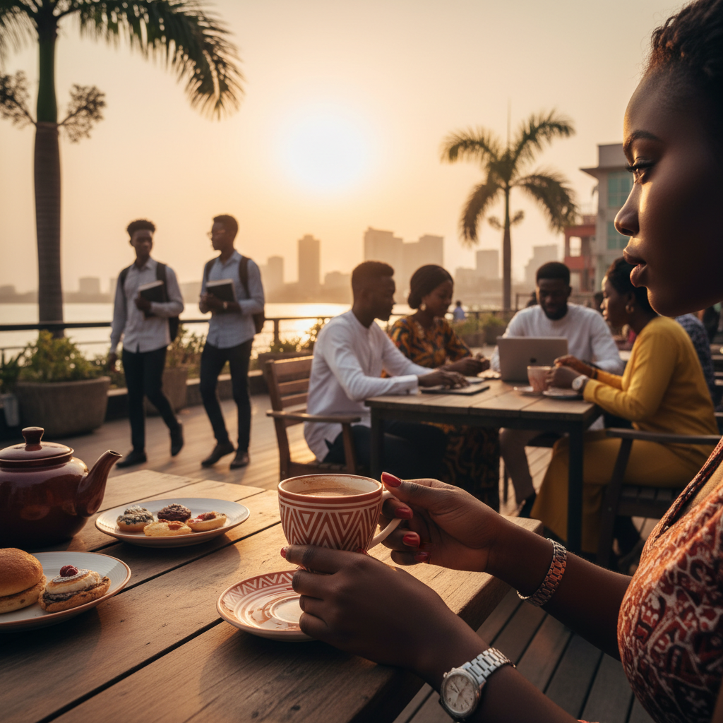 A close-up of a flawless gel manicure on a Nigerian woman's hands.