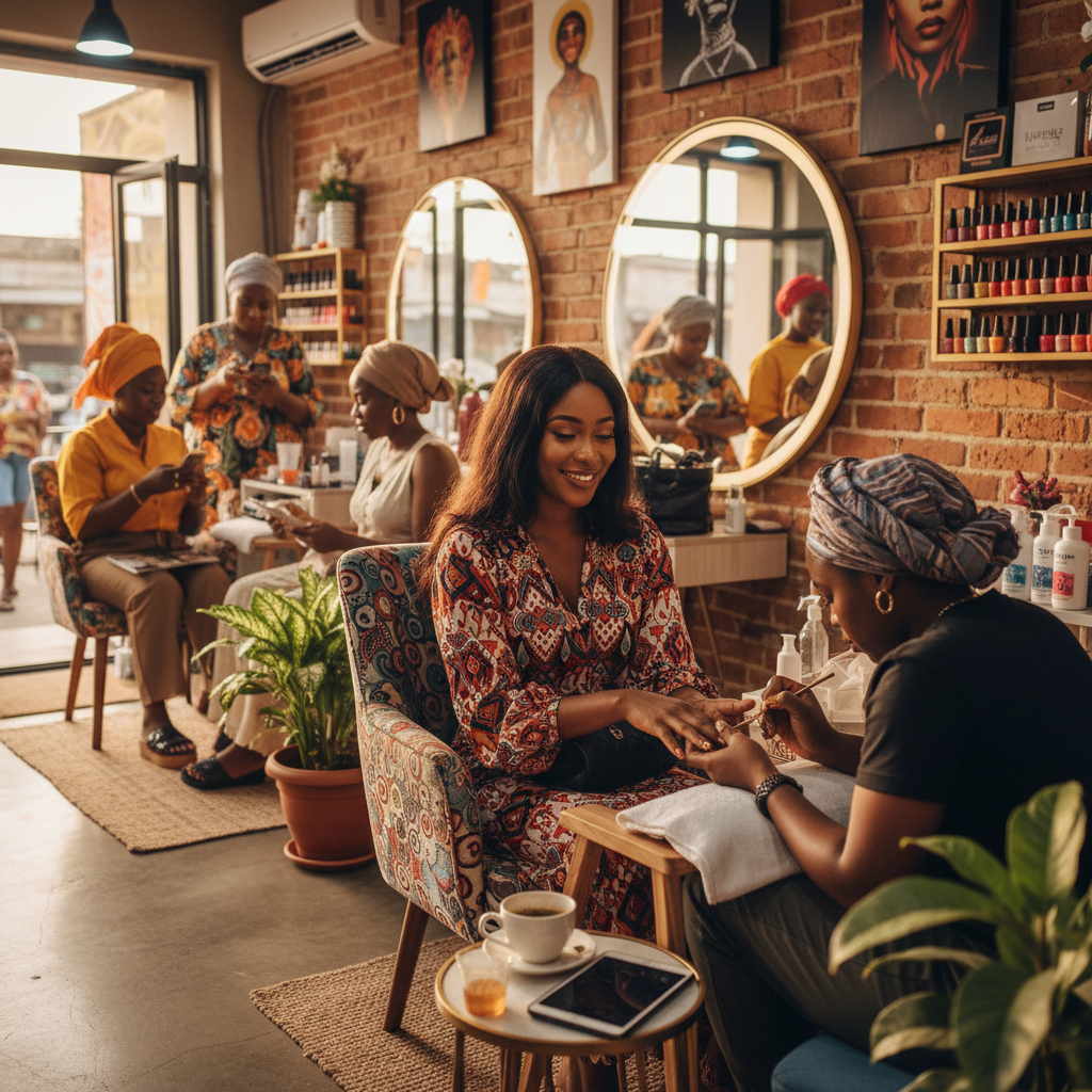 A close-up of a nail technician applying a detailed design to a customer's nails in a Lagos salon.