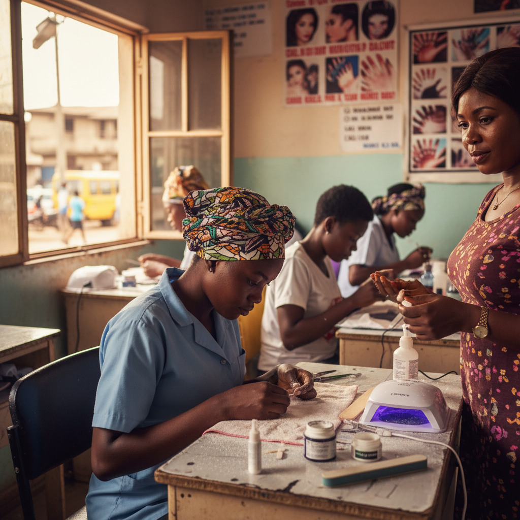 A young Nigerian woman carefully practicing how to apply acrylic nails on a mannequin hand in a training class.