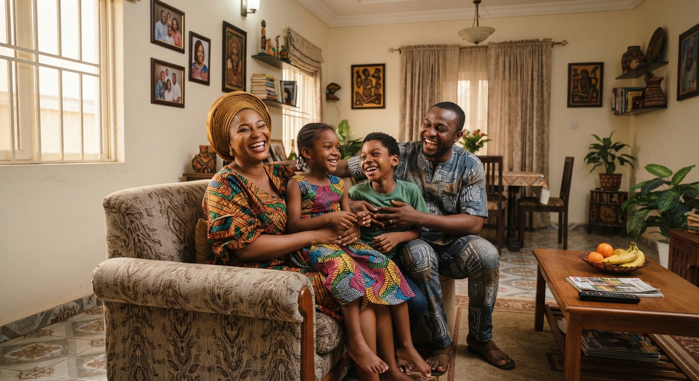 A happy Nigerian family in a clean home