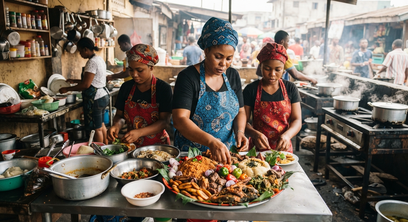 Caterer arranging delicious Nigerian dishes on a platter for an event in Lagos