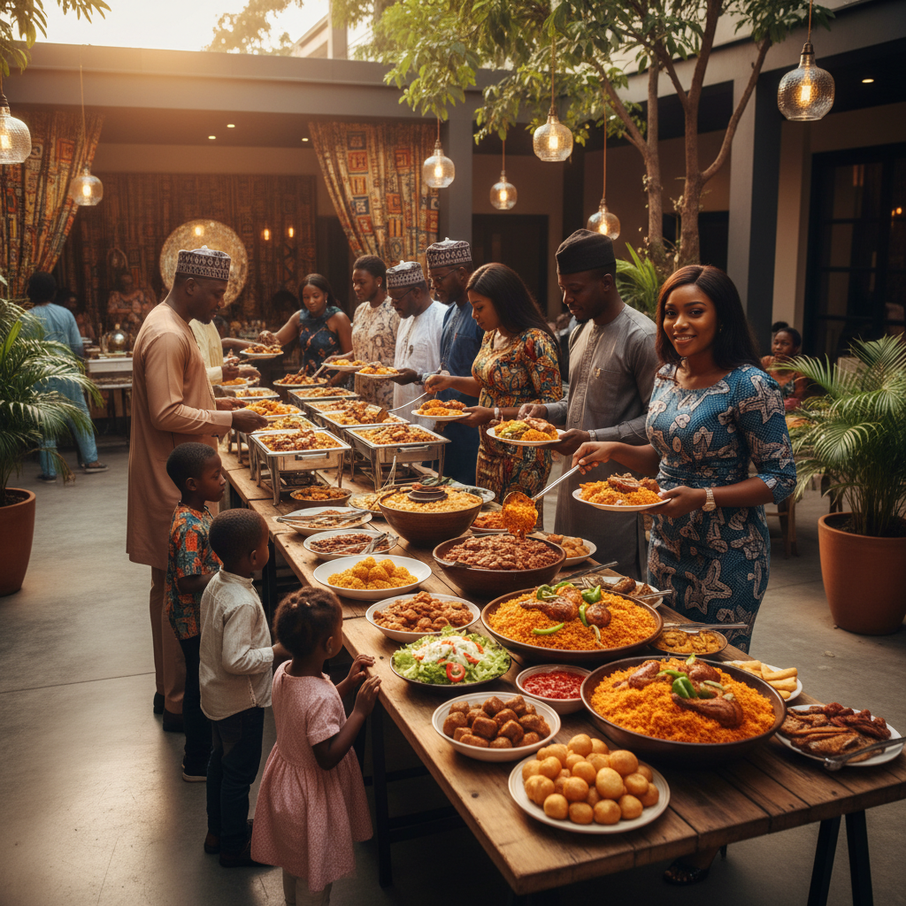 A large chafing dish filled with vibrant, delicious Nigerian jollof rice at a wedding reception.