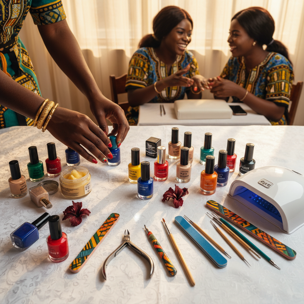 An organized flat lay of nail technician equipment including colorful gel polishes, files, brushes, and a UV lamp.