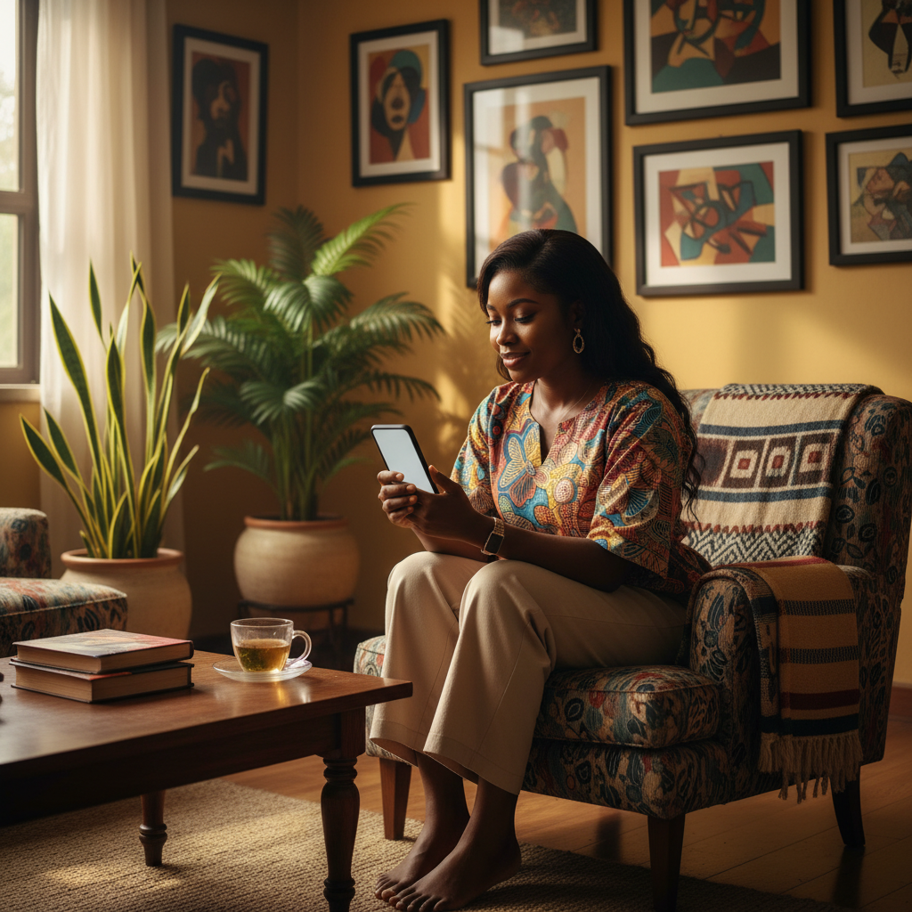 A young Nigerian woman smiling as she uses the TrustAm budgeting app on her phone at home.