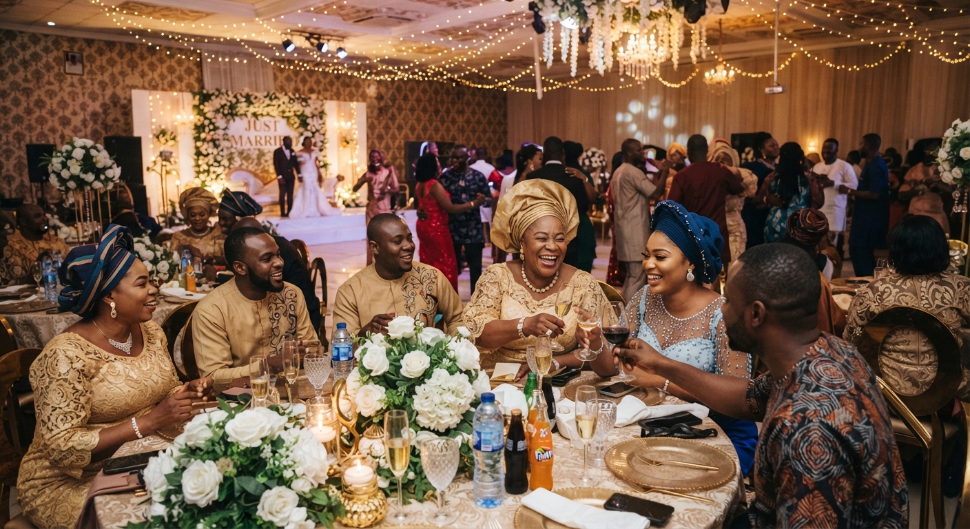 A modern wedding reception in Ibadan featuring elegant lighting and sophisticated table settings.