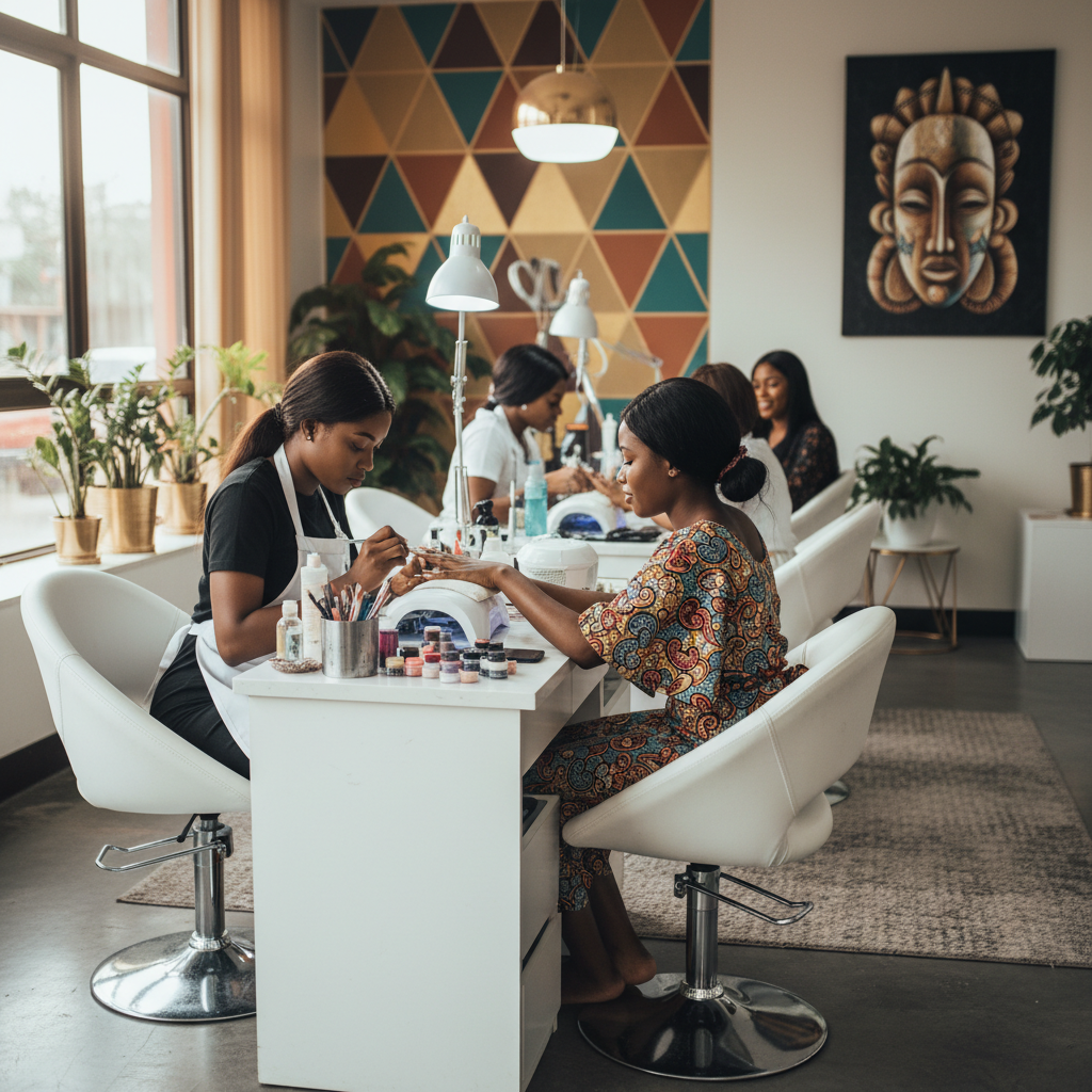 A skilled Nigerian nail technician carefully applying acrylics to a client's nails.