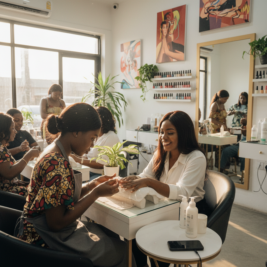 A skilled Nigerian nail technician carefully applying an acrylic bead to a client's nail.