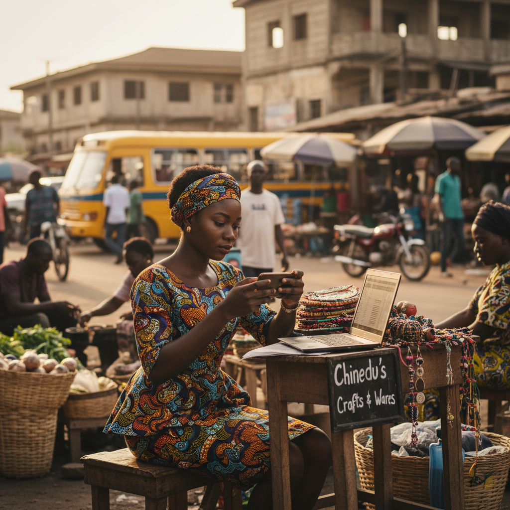 A young Nigerian woman managing her side hustle from her smartphone.