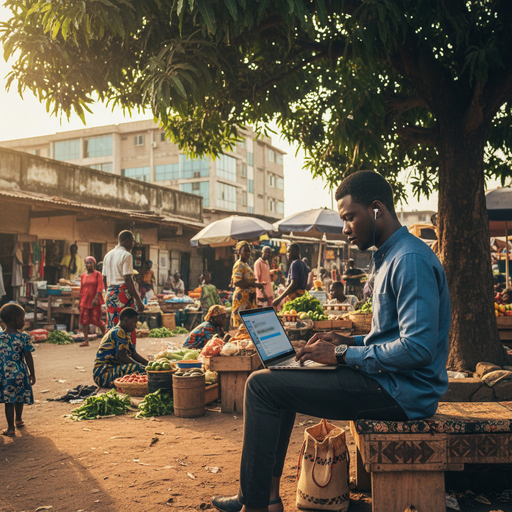 A Nigerian man in Canada comparing money transfer services on his laptop.