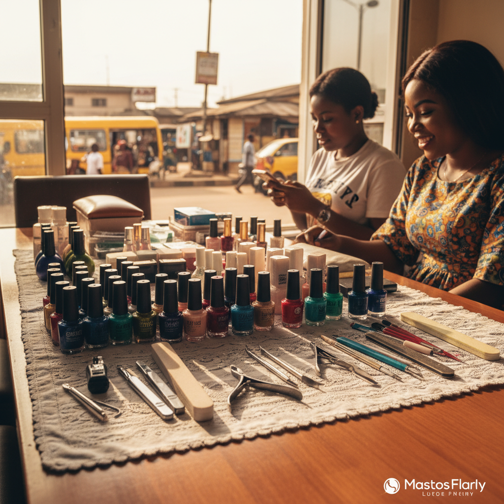A neat arrangement of nail technician tools including colourful polishes, files, and brushes.