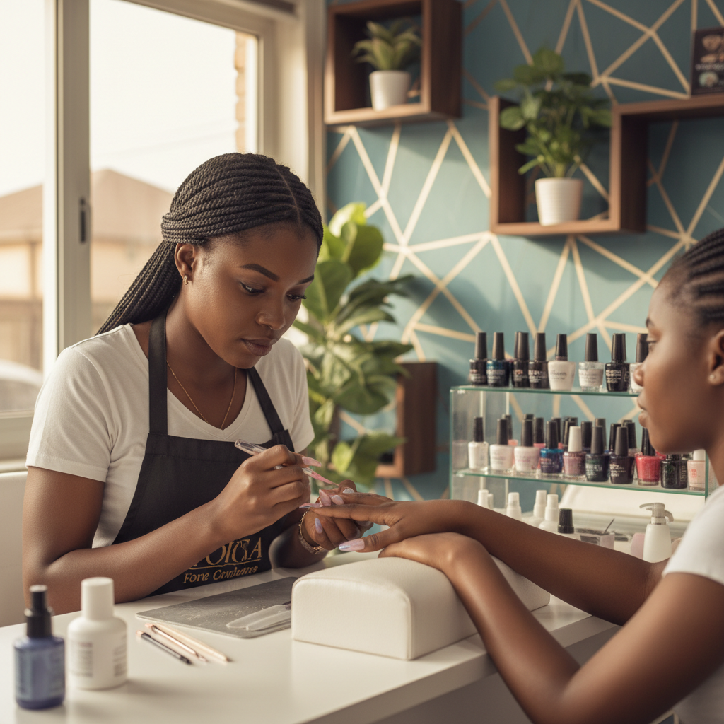 A skilled nail technician carefully applying acrylic to a client's nails in a salon in Lagos.