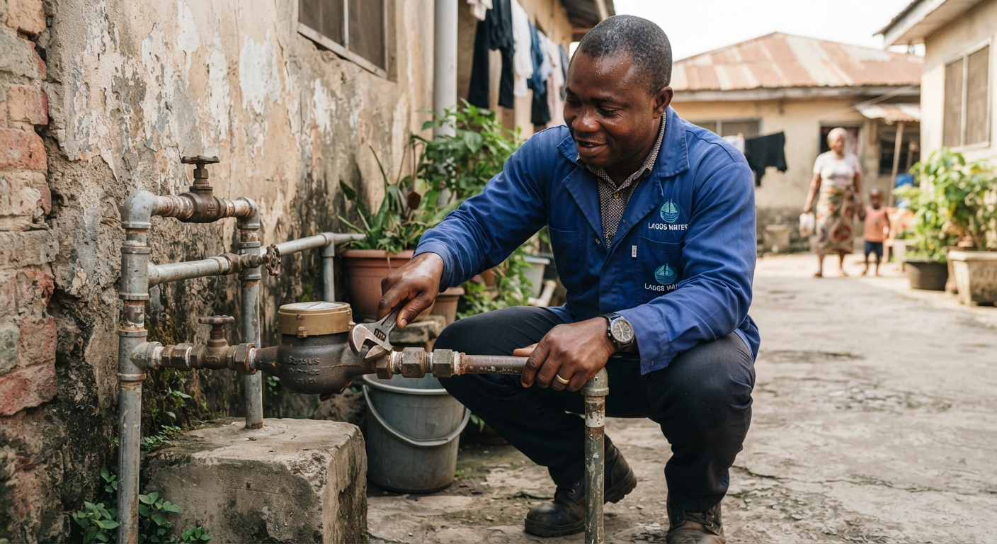 A person holding a wrench, looking thoughtfully at plumbing