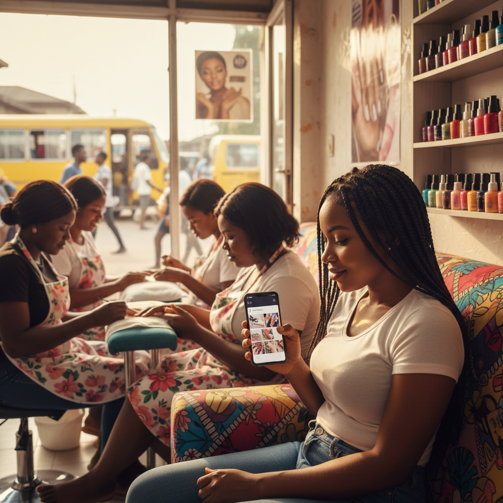 A young woman in Lagos browsing the TrustAm app on her smartphone to find and book a verified nail technician.